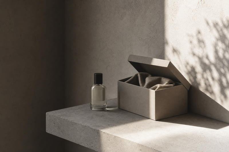 A clear unlabelled glass perfume bottle standing in soft shadow beside an open storage box on a pale concrete-grey shelf, kept out of a bright shaft of daylight — perfume stored away from light and heat.