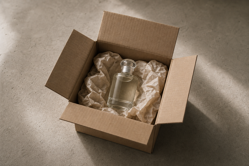 A single unlabelled clear-glass perfume bottle resting intact in kraft packing paper inside an opened shipping box on a concrete-grey surface — a test parcel that arrived whole.