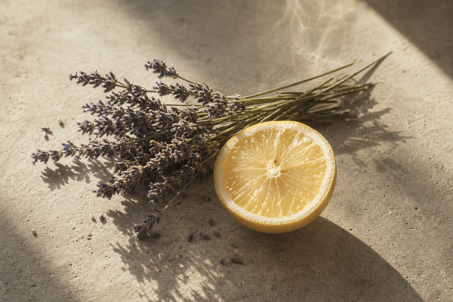 Dried lavender stems and a halved citrus fruit on a warm concrete-grey surface under strong midsummer sunlight, casting long shadows — how heat lifts a fragrance off the skin.