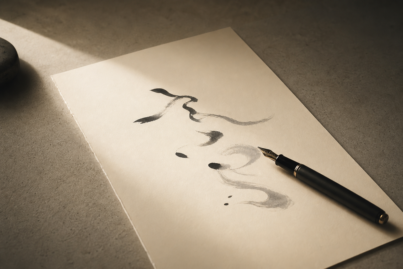 A sheet of cream paper with a fountain pen and soft abstract ink strokes in warm light.