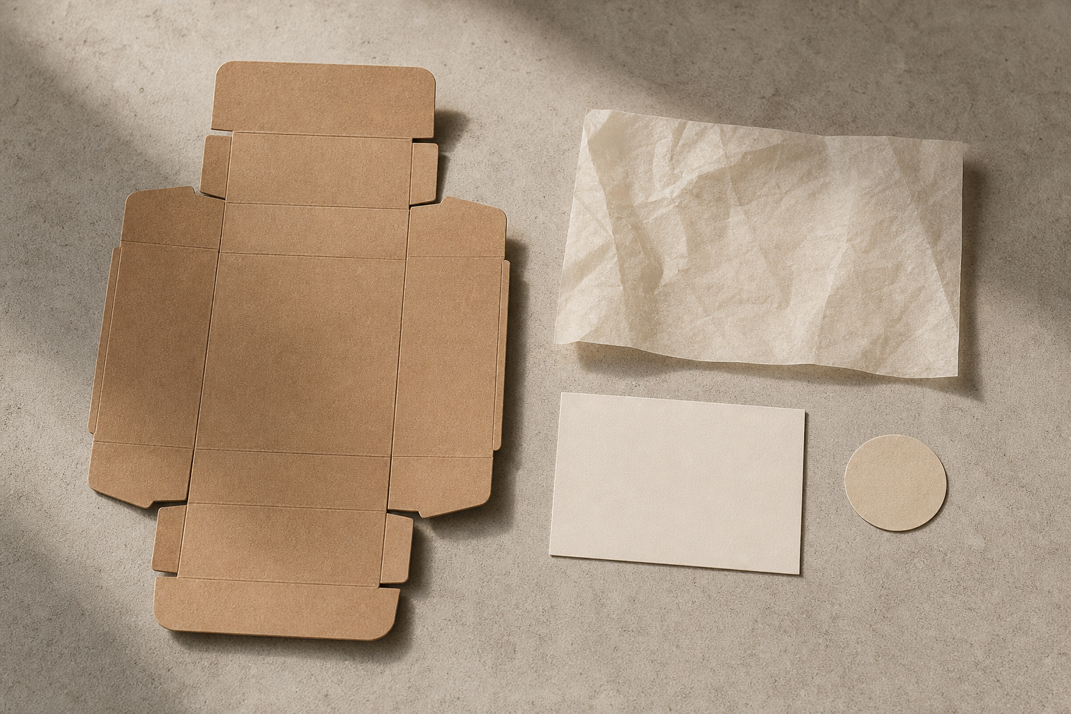A flat-lay of unassembled packaging materials — an unfolded kraft carton, a sheet of cream tissue paper, a blank card and a small round paper seal — laid out on a concrete-grey surface as if being planned.