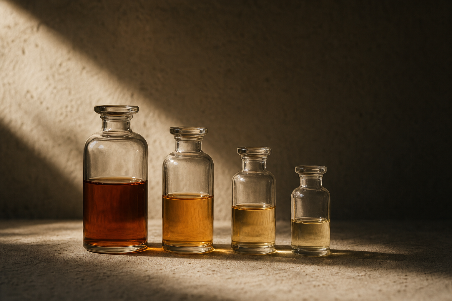 Apothecary glass vials of amber perfume oil at graduated concentrations on pale concrete.