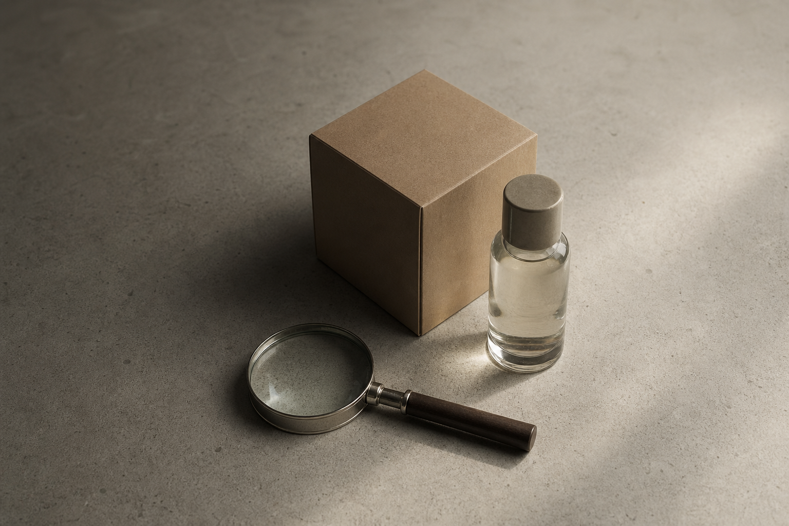 A plain unprinted kraft box and an unlabelled clear-glass bottle beside a magnifying glass on a concrete-grey surface — checking the small details on cosmetic packaging.