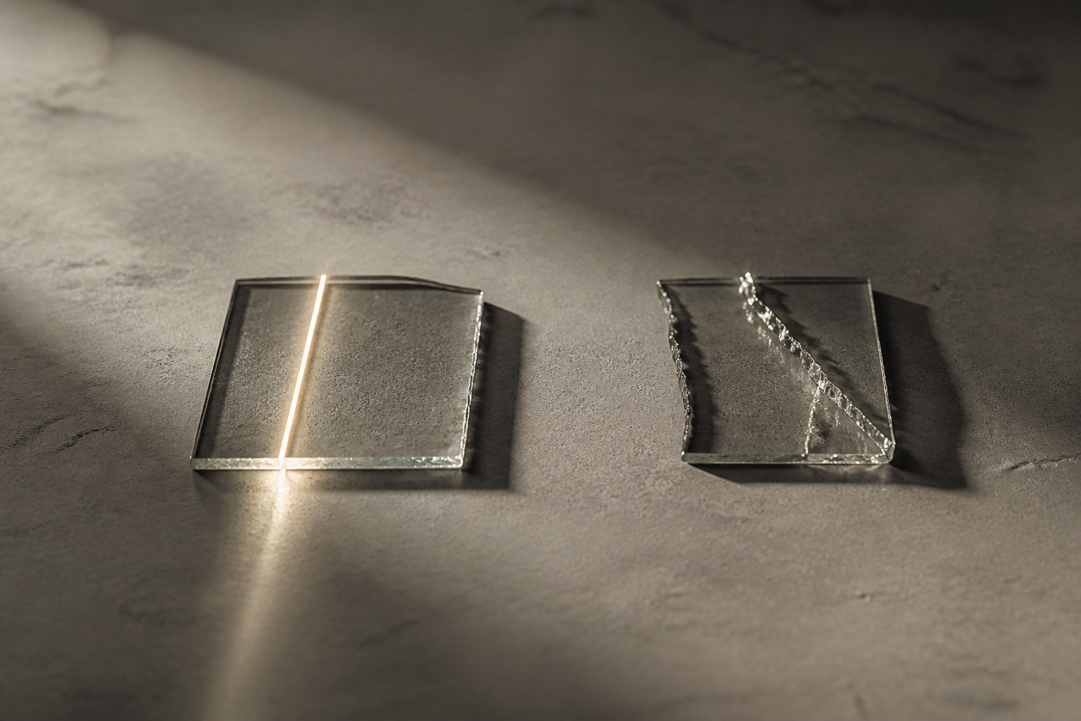 Two small pieces of clear glass on a pale concrete-grey surface — one marked by a single precise line catching the light, the other by an irregular natural-looking fracture — two takes on a deliberate flaw.