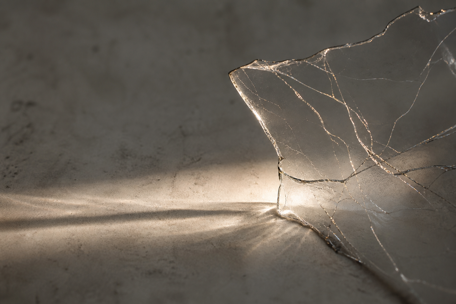 An abstract macro of clear glass run through with fine fracture lines that catch warm directional light and glow along their edges, on a pale concrete-grey surface — a crack catching the light.