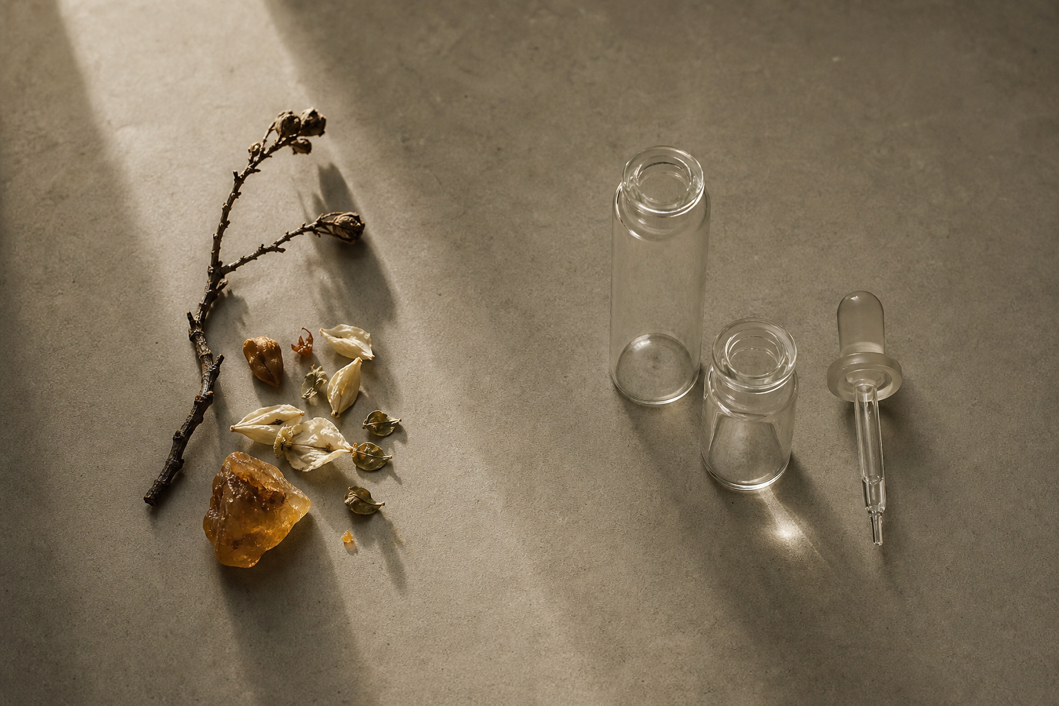 On a pale concrete-grey surface, dried botanical materials — a twig, amber resin and dried pods — balanced against plain clear-glass laboratory vials and a glass dropper: natural and synthetic materials side by side.
