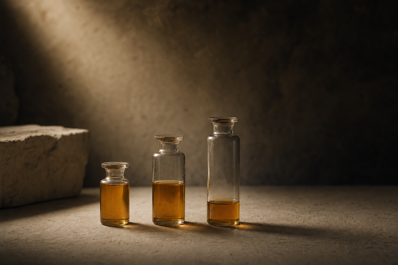 Three apothecary glass vials of graduated sizes holding amber perfume oil at different depths on pale concrete, a faint wisp of vapor rising.