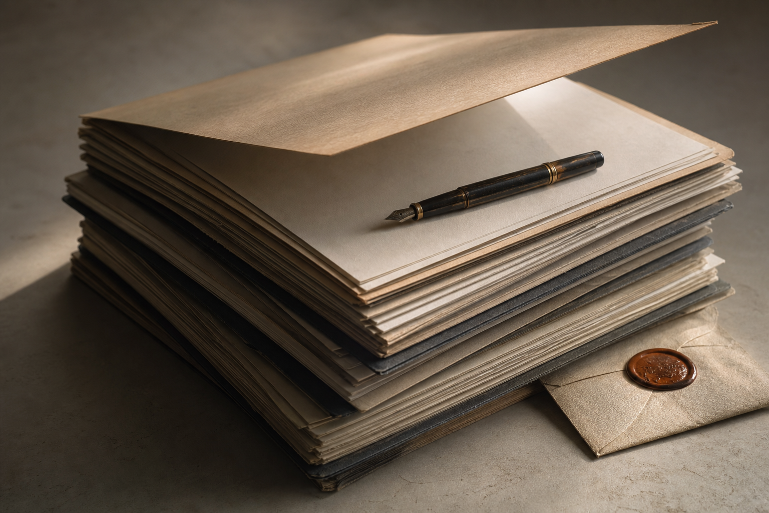 A weathered desk holding a thick stack of bound documents, a vintage fountain pen, and a wax-sealed envelope in warm low light.