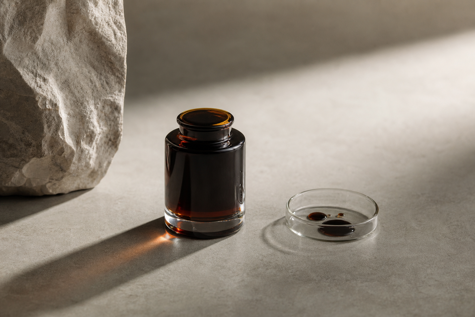 A still life on pale concrete grey: a small, heavy unlabelled glass vial filled with dark, oil-rich amber perfume concentrate catching a shaft of warm directional light, beside a shallow glass dish holding a few drops of the same dark oil.