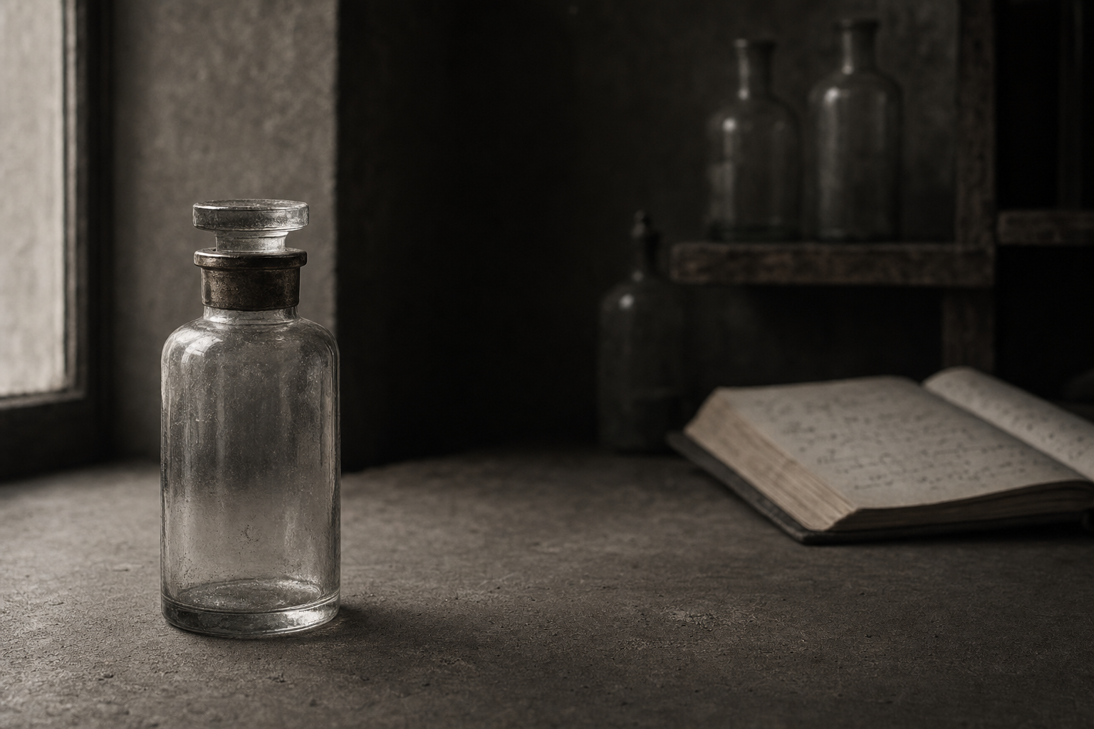 A single weathered glass perfume bottle on raw warm grey concrete in a quiet artisan workshop, with a wooden shelf of older bottles and a notebook of handwritten formulas softly out of focus behind it