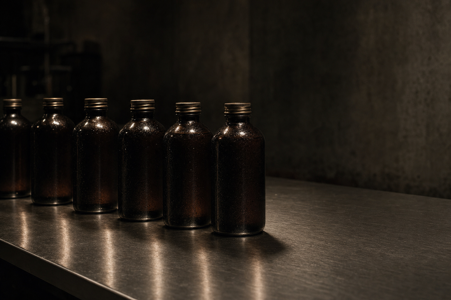A row of dark sealed unlabeled glass bottles resting on a brushed stainless steel workbench in a dim atelier, lit from above by warm tungsten light, conveying time and chemistry settling during fragrance maceration