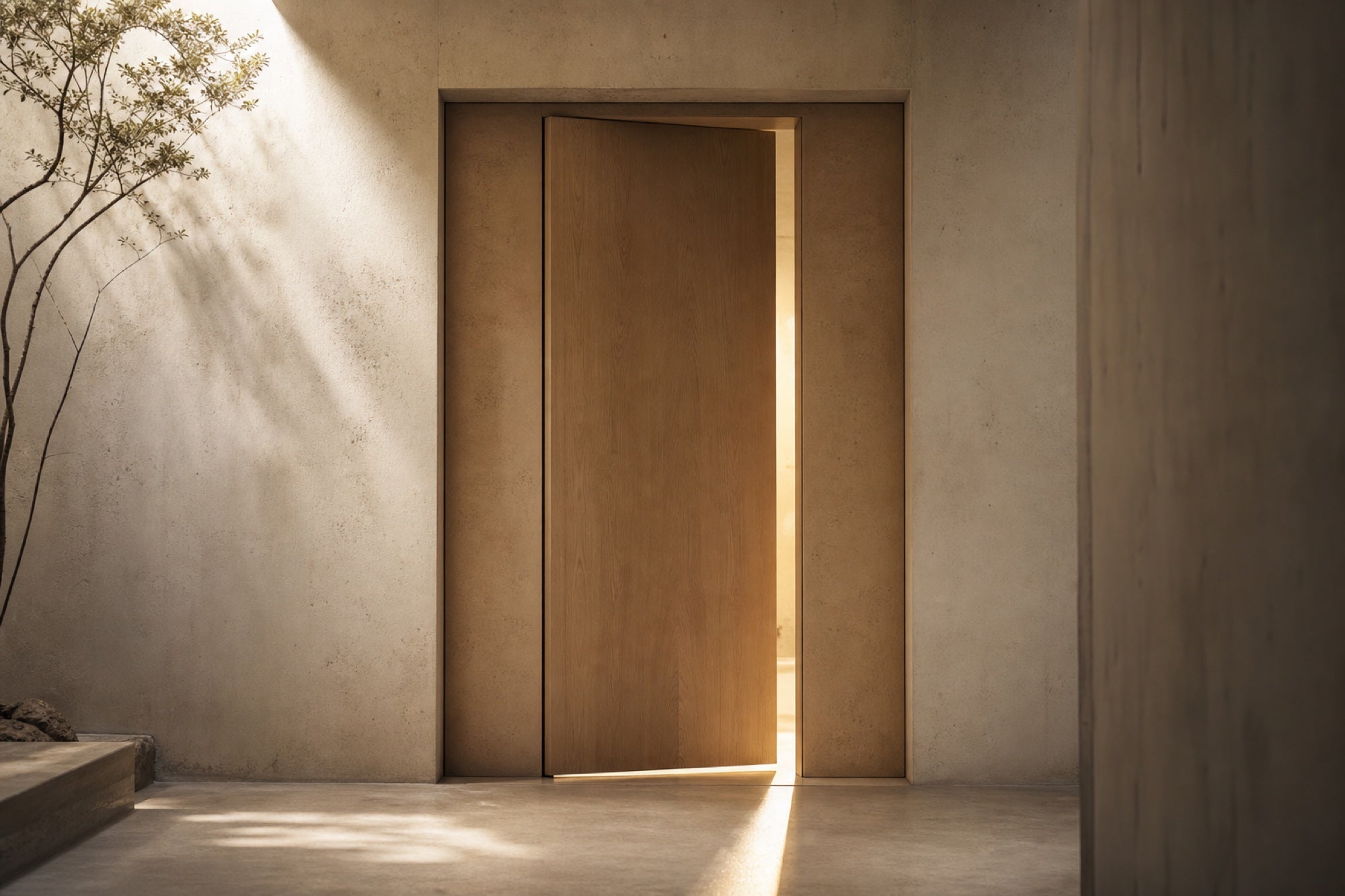 A single closed unmarked wooden door set into a pale concrete wall, slightly ajar with warm light spilling through the narrow gap across the floor — one quiet entrance, invitation-only.