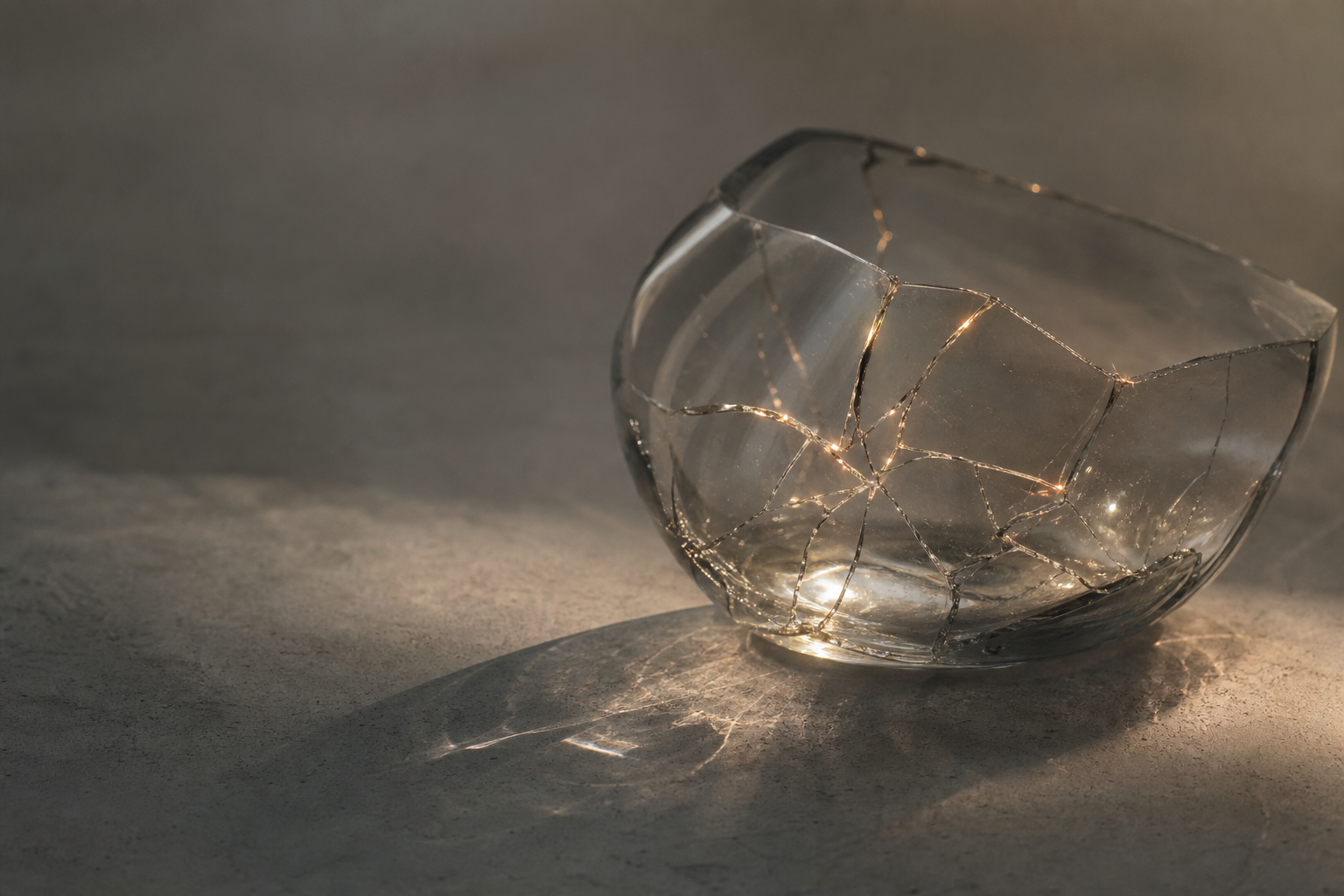 An abstract macro on pale concrete grey of a piece of clear, colourless glass run through with fine fracture lines that catch warm directional light and glow along their edges — beauty held inside breakage.