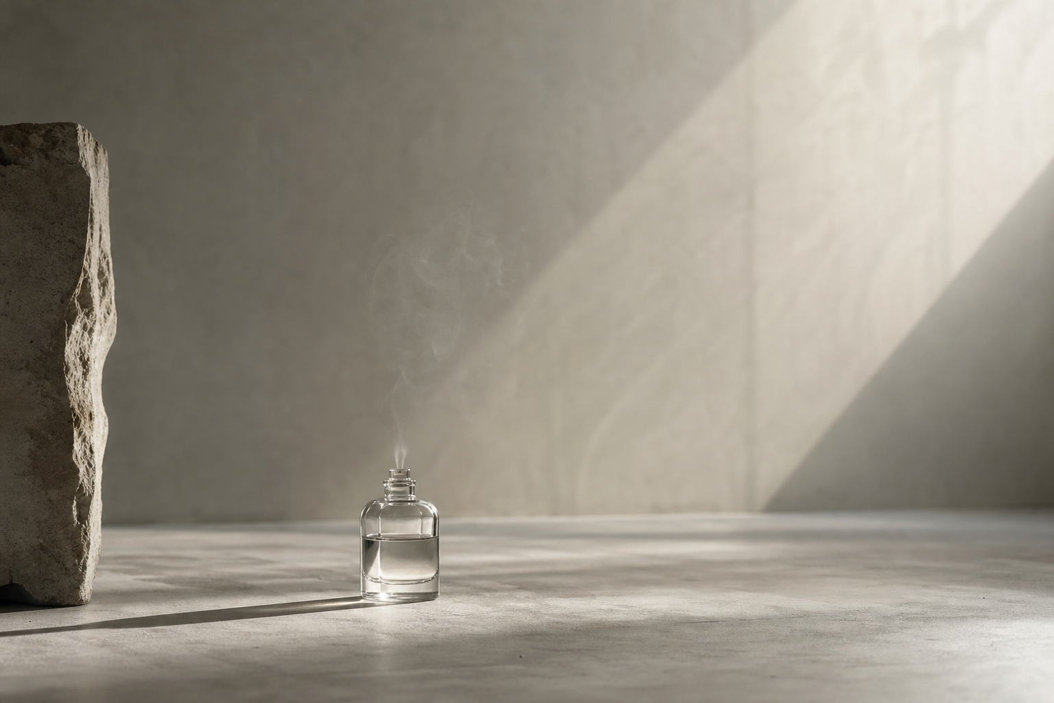 A small unlabelled clear-glass perfume bottle on a pale concrete-grey surface, a faint wisp of vapour rising and dissolving into a soft shaft of daylight — fragrance evaporating into the air.
