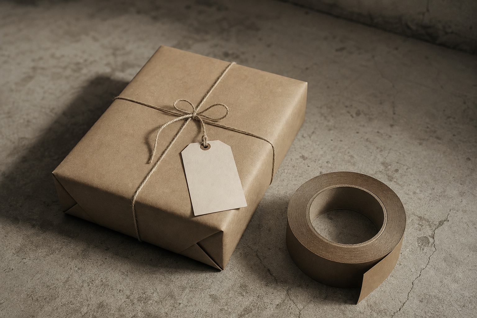 A kraft-paper-wrapped parcel tied with twine and a blank kraft gift tag, beside a roll of brown packing tape, on a concrete surface in warm low light.