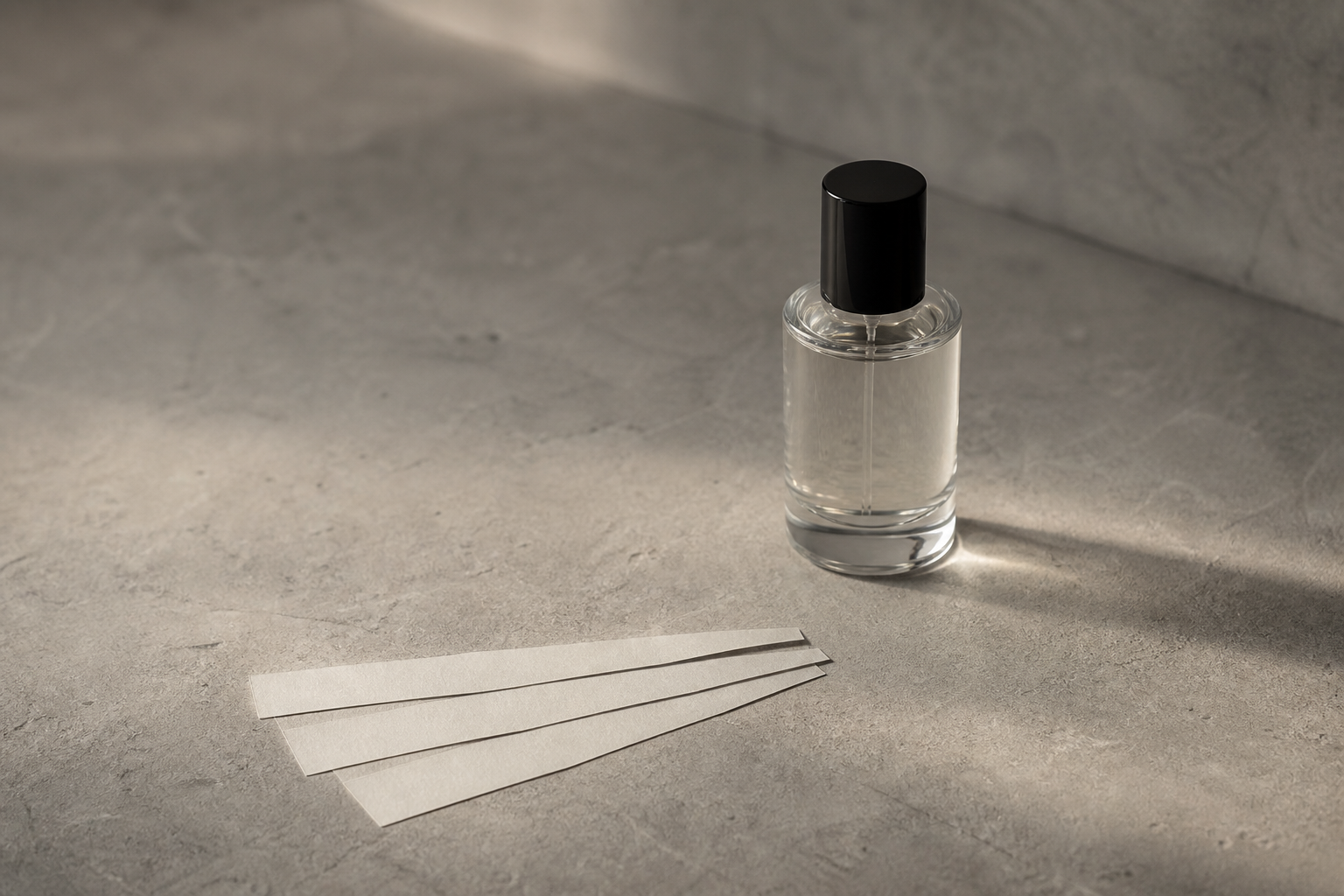 A clear unlabelled glass perfume bottle on a pale concrete-grey surface beside a fan of blank paper scent blotters — choosing and testing a fragrance you can't smell in person.