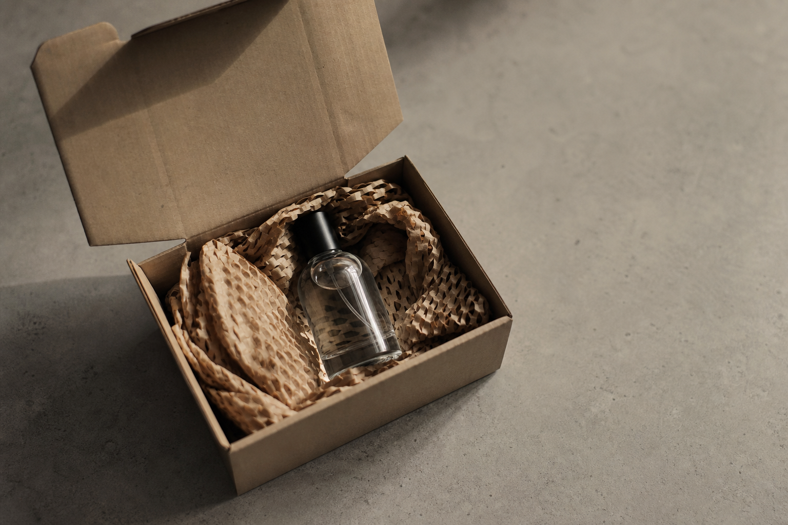 A clear unlabelled glass perfume bottle nestled in kraft paper cushioning inside an open cardboard shipping box on a concrete-grey surface — perfume packed as a fragile, flammable shipment.