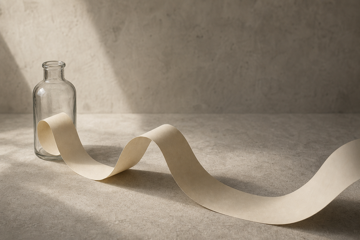 A small plain unlabelled glass bottle on a concrete-grey surface, with a very long blank strip of cream paper unspooling from its base and running out of the frame — the ingredient list that just got much longer.