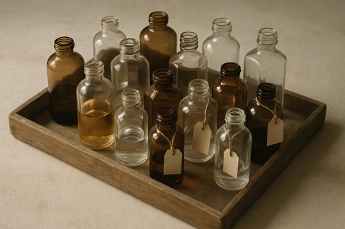 Sixteen unbranded prototype bottles, half empty, half partially filled — abandoned attempts gathered on a wooden tray.
